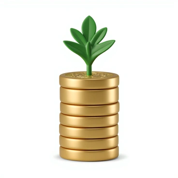 A green plant with lush leaves emerging from a carefully arranged stack of shiny gold coins. The coins vary in size and have intricate designs on their surfaces, reflecting light and adding a bright shimmer to the scene. The plant’s roots are intertwined with the coins, showing a strong connection between nature and finance. The background is neutral, emphasizing the vibrant green of the plant and the gleaming gold of the coins.