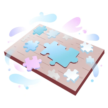 A partially completed puzzle on a wooden table, with several pieces scattered around. Each puzzle piece is different in color and design, symbolizing various pieces of feedback. Some pieces are connected, while others are waiting to be placed. A few completed sections of the puzzle are visible, showcasing a cohesive image emerging from the feedback. Soft light illuminates the scene, casting gentle shadows on the table's surface.