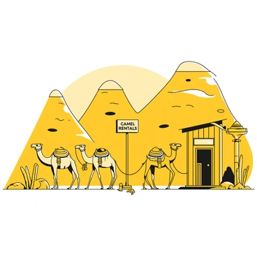 A camel rental station is set in the desert landscape. There are several camels tied to posts, each wearing a saddle and colorful blankets. The camels have distinct features, with one camel having a light-colored body and another a darker shade. In the background, towering sand dunes rise against the sky, shaped by the wind. A small wooden structure serves as the rental office, with a sign above stating “Camel Rentals”. There are a few scattered cacti around the station, and a pair of riding gear, including a hat and a water bottle, are placed nearby.