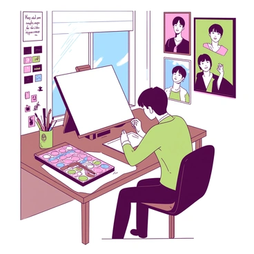 An artist is sitting at a wooden desk cluttered with various art supplies, including colored pencils and paint brushes. The artist is focused on a blank canvas while a vibrant palette of colors is displayed beside them. The desk is also scattered with sketches, some featuring "BTS" lyrics and symbols. Natural light pours in from a nearby window, illuminating the scene, while the walls surrounding the artist are adorned with framed art prints of "BTS" members.