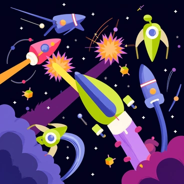A vibrant mobile game galaxy filled with colorful spaceships engaged in a high-energy space battle. Bright red, blue, green, and yellow ships are firing laser beams at each other, creating vivid trails of light in the dark void of space. Explosions of orange and purple are erupting as ships collide, sending debris in all directions. The background features distant stars and swirling nebulae, adding depth and color to the chaotic scene. Each spaceship has distinct designs, showcasing unique features like wings and engines, enhancing the dynamic atmosphere of the battle.