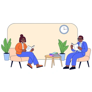 A waiting room in a doctor's office with several patients seated. There are two patients sitting on a light-colored bench, one is a woman with short brown hair reading a magazine, and the other is a man with glasses looking at a different magazine. In the background, there is a small table with a stack of colorful magazines. The walls are painted a soft beige color, and there are potted plants placed in the corners of the room. A clock is visible on the wall, indicating the time.