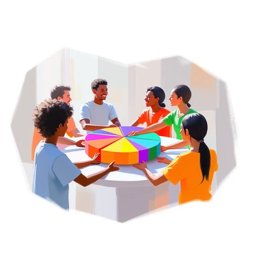 An illustration depicting a pie chart being shared equally among a diverse group of people. The pie chart is circular, divided into several equal segments, each showcasing a different color. Surrounding the pie chart, there are four individuals representing various ethnicities. One person has dark skin and is wearing a blue shirt, another has light skin with curly hair and a green dress, a third person has medium skin and is dressed in a red shirt, and the last individual has olive skin with straight hair in a ponytail, wearing a yellow blouse. They are all engaged, reaching towards the pie chart with smiles, symbolizing collaboration and equality in sharing the segments.