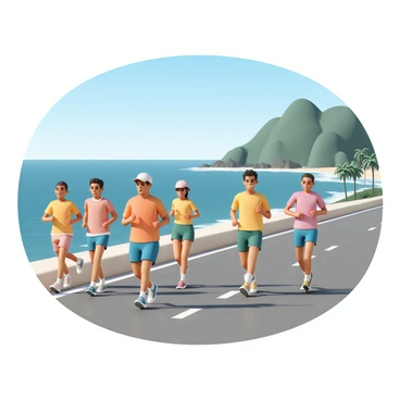 A group of marathon runners, wearing colorful running outfits, including bright shirts and shorts, are striding along a coastal road. The runners display varied expressions of focus and determination. The background features a stunning view of the ocean, with gentle waves lapping at the shore under a clear blue sky. Lush green cliffs rise majestically on one side of the road, while scattered palm trees sway slightly in the breeze. The sun casts a warm glow on the scene, highlighting the vibrant colors of the runners and the natural beauty surrounding them.