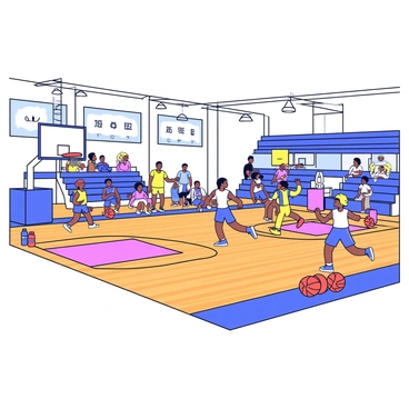 A basketball court inside a local gymnasium with polished wooden floors. Two teams of young players in colorful jerseys are actively playing a game. One player is dribbling the ball while another is closely defending him. Bright overhead lights illuminate the scene, and spectators are seated in the bleachers, cheering enthusiastically. The scoreboard shows a close score, adding to the excitement of the game. Several basketballs are scattered on the sidelines next to water bottles.