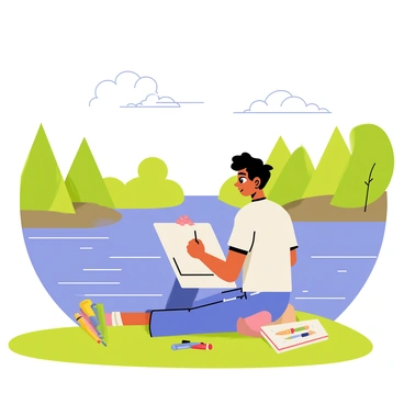 An artist is sitting on a grassy bank by a lake, with a sketchbook resting on their lap. The artist is using a variety of colored pencils, some scattered around them. In front of the artist, the lake reflects the clear blue sky and the surrounding lush green trees. The artist's gaze is focused on capturing the vibrant colors of the scenery, while a gentle breeze ripples the surface of the water. A few fluffy white clouds float above, adding to the tranquil atmosphere of the setting.