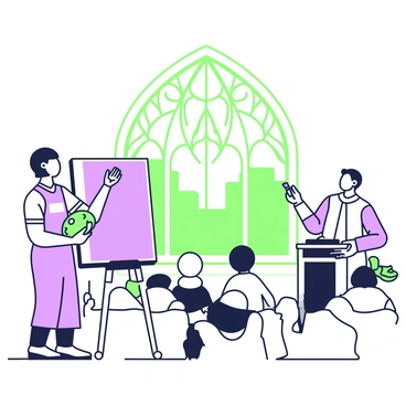 An artist is standing in front of a large canvas, capturing a scene from a sermon as the preacher speaks. The artist, with a focused expression, holds a brush in one hand and a palette in the other. The preacher is positioned at a podium, gesturing with one hand while the other hand rests on the lectern. The audience is seated in rows, attentively listening to the message. The background features a large stained-glass window, with intricate patterns. A soft light streams in through the window, illuminating both the artist and the preacher.