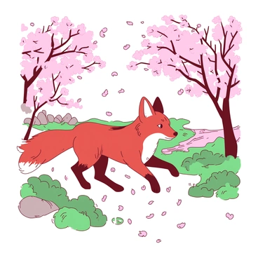 A red fox is dancing gracefully amidst falling pink cherry blossom petals in a tranquil garden. The fox is mid-leap, with its fur glistening in the soft light. The garden features lush green grass and delicate cherry blossom trees, their branches heavy with blossoms. The petals swirl around the fox as it moves, creating a dynamic and enchanting scene. In the background, there are hints of serene garden elements such as a small stone path and a gently flowing stream.