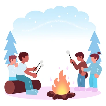 A child with short hair is sitting on a log, holding a stick with a marshmallow skewered on the end, positioned close to a glowing campfire. Surrounding the child are three friends of varying heights, each holding their own marshmallow sticks, eagerly watching their marshmallows toast over the flames. The campfire emits a warm light, illuminating their silhouettes against the night. Above them, a vast sky is filled with numerous bright stars and a faint hint of the Milky Way stretching across the horizon. A few tall trees can be seen in the background, framing the cozy scene.