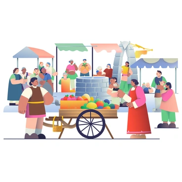 A bustling medieval market scene filled with vendors and villagers. In the foreground, a vendor with a brown tunic is selling bright fruits and vegetables displayed on a wooden cart. Next to him, a woman in a long, flowing red dress is haggling for a basket of ripe apples. Villagers of various ages, including children playing and couples chatting, fill the space around the stalls. Colorful fabrics hang from makeshift awnings above the market, swaying gently in the breeze. In the background, a stone well is surrounded by a group of villagers filling their buckets. The atmosphere is lively, with various activities happening simultaneously across the market.