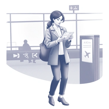 A girl stands at an airport terminal, dressed in a stylish travel outfit that includes a trendy jacket and well-fitted trousers. She has her hair neatly styled and carries a chic handbag slung over one shoulder. In her hands, she closely examines her boarding pass, with her gaze focused intently on the details. Behind her, various airport signs and a partially visible departure board can be seen in the background, adding to the bustling atmosphere of the airport.