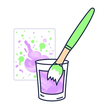 An artist's paintbrush is positioned diagonally across a shot glass filled with watercolors. The shot glass is transparent, revealing vibrant swirls of color inside. The handle of the paintbrush is wooden, with a slight sheen, while the bristles are dipped into the watercolors, showing a blend of hues. In the background, there are splatters of paint on a white canvas, indicating recent artistic activity. The setting is well-lit, highlighting the details of the paintbrush and the watercolors.