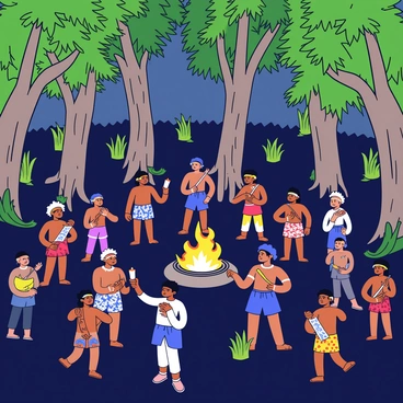 A tribal gathering in a dense jungle setting. In the center, there is a circle of people dressed in traditional tribal attire, with colorful patterns and elaborate headdresses. Surrounding them are several fire torches, casting a warm glow and flickering shadows on the surrounding foliage. Tall trees with wide trunks and lush green leaves create a natural backdrop. The ground is covered with dark earth and scattered leaves. Some individuals are engaged in rhythmic dancing, while others are playing musical instruments, adding to the lively atmosphere.