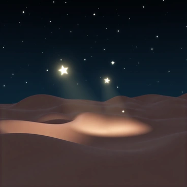 A vast desert landscape under a clear night sky is illuminated by "star spren," glowing entities that drift gracefully through the air. The "star spren" emit a soft, shimmering light that casts a warm glow over the "sand dunes," highlighting their gentle curves and textured surfaces. The "sand dunes" stretch across the horizon, their shapes shifting with the wind. In the backdrop, the night sky is filled with numerous "stars," twinkling brightly, creating a serene atmosphere as the "star spren" float above the tranquil desert scene.