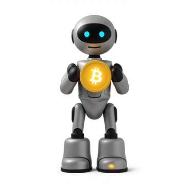 A futuristic robot with sleek metallic surfaces and intricate circuit patterns stands upright. Its limbs are jointed with visible hydraulics and lights that pulse in various colors. The robot is holding a "glowing bitcoin symbol" in its hands, which emits a bright yellow light that casts a soft glow on its face. The robot’s eyes are illuminated with a vibrant blue hue, creating a striking contrast against its silver body. The background is minimal, emphasizing the robot and the glowing bitcoin symbol.