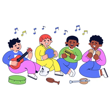 A group of four children is seated in a circle, joyfully playing music together. One child is holding a bright red ukulele, another is playing a blue tambourine, while a third child has a small yellow keyboard in front of them. The fourth child is tapping on a pair of wooden maracas. Musical notes are illustrated around them, signifying the sounds of their playful jam session. Scattered around the children are various musical instruments, including a green drum and a small silver flute. Each child is smiling and appears to be enjoying the moment of shared creativity.