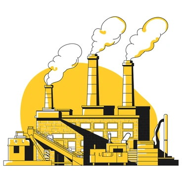 A factory with tall chimneys is visible, releasing fluffy clouds of steam into the air. The steam billows upwards, creating a dynamic pattern against the sky. The factory is made of brick with large windows, showcasing industrial structures and machinery inside. In the foreground, there are conveyor belts and stacks of materials, indicating ongoing production. The scene captures a busy industrial atmosphere with the steam prominently rising from the chimneys.
