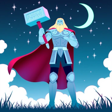 Thor, a tall man with long, flowing blonde hair and a majestic beard, stands proudly in a grassy clearing. He is wearing gleaming silver armor adorned with intricate designs and a flowing red cape. In his hands, he holds Mjolnir, a large, intricately designed hammer with glowing runes etched into its surface. The night sky above him is filled with countless stars, twinkling brightly, and a crescent moon casts a gentle light on the scene. Thor gazes at Mjolnir with admiration, his expression a mix of pride and reverence, as the shimmering stars reflect in his eyes.