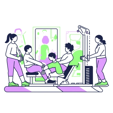 A gym interior is filled with families engaging in fitness activities. In the center, a leg press machine is being used by a parent and a child, both taking turns. The parent, with short hair, is seated on the machine, pushing the platform with their feet, while the child, wearing bright athletic gear, stands beside, preparing for their turn. A second parent, with long hair tied back, encourages them from the side. In the background, a few gym equipment pieces can be seen, including dumbbells and a treadmill. Several colorful mats are laid out on the floor, and a large mirror reflects the busy atmosphere of the gym.