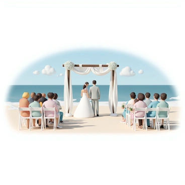 A wedding ceremony taking place on a beach during the day. The scene includes an altar decorated with white flowers and flowing white drapes, facing the ocean. The bride, wearing a flowing white gown, is standing next to the groom, who is in a light gray suit. Guests are seated on white chairs, some holding small bouquets of flowers. The sky is blue with a few fluffy clouds, and waves are gently lapping at the shore, creating a serene atmosphere for the ceremony.