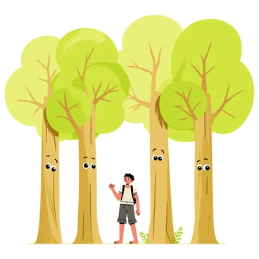 A grove of tall, green trees with thick, gnarled trunks creates a natural circle. The trees have large, leafy canopies with some sunlight filtering through the branches. In the center, a young traveler stands with wide eyes, wearing a simple tunic and a small backpack. The traveler gazes up at the trees, appearing curious and attentive. Each tree has a different face, with friendly expressions, as they appear to be communicating with the traveler. A gentle breeze rustles the leaves, adding movement to the scene.