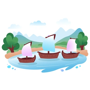 Several imaginary trade boats are floating gently on the Jordan River, each adorned with colorful sails reflecting gradient pastel colors. The boats are made of weathered wood, showcasing intricate carvings along the sides. Surrounding the riverbanks are lush green hills, dotted with clusters of ancient trees, their foliage creating a vibrant contrast against the soft hues of the sky. In the background, faint outlines of distant mountains rise, adding depth to the scene. Along the river's edge, small stones and pebbles are visible, partially submerged in the water, enhancing the tranquil atmosphere of this historic trade route.