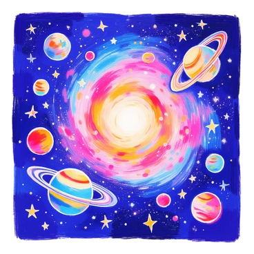 A spiral galaxy is depicted in the center, with its arms gracefully extending outward. Various planets of different sizes and colors orbit around the galaxy. Each planet has distinct features, such as rings or unique surface patterns. Several stars twinkle brightly, scattered across the cosmic background. The scene captures a sense of movement, as if the planets and stars are engaged in a harmonious dance around the galaxy. The overall composition showcases the vastness of space filled with colorful celestial bodies.