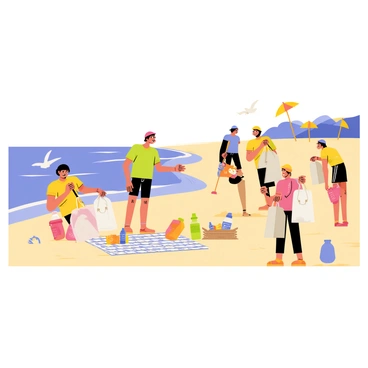 A sunny beach with gentle waves lapping against the shore. A diverse group of neighbors, including adults and children, are actively cleaning up the area. They are wearing colorful shirts and hats for sun protection. Each person holds a large bag filled with collected trash. Some neighbors are picking up plastic bottles and wrappers, while others are sorting recyclable materials. Nearby, a picnic blanket is spread out, showing a few water bottles and snacks for the volunteers. In the background, there are seagulls flying above and beach umbrellas dotting the shoreline, enhancing the vibrant atmosphere of community involvement.