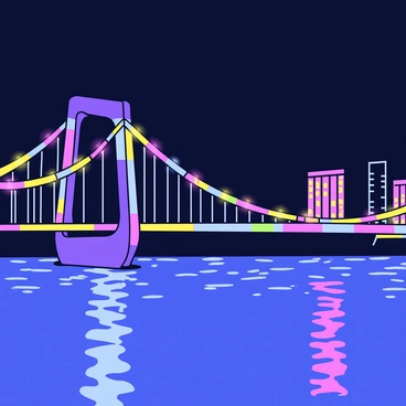 A bustling city bridge lit up at night with colorful lights reflecting on the water below