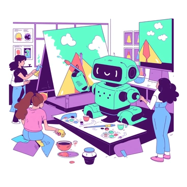 A teal small robot is actively assisting students with their art projects in a colorful classroom filled with various art supplies. The robot has a friendly face displayed on its screen, and its mechanical arms are holding a paintbrush while reaching towards a large canvas on an easel. Around the robot, several students are engaged in painting and drawing, with bright colored papers, paint pots, and brushes scattered on their desks. The walls of the classroom are adorned with student artwork, showcasing a vibrant atmosphere of creativity and collaboration.