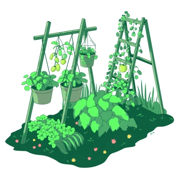 A green potager garden featuring various types of lush plants arranged using vertical gardening techniques. There are several wooden trellises supporting climbing plants, such as tomatoes and beans, reaching upward. Hanging planters with vibrant herbs, like basil and parsley, are suspended from ropes tied to the trellises. The soil is rich and dark, surrounded by colorful flowers that enhance the garden's beauty. Sunlight spills gently over the scene, creating a lively and bountiful atmosphere in the garden.