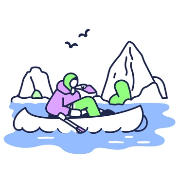 An Inuit person is seated in a small, nimble canoe as they explore new waters. The canoe is designed for swift movement and is gently cutting through the rippling surface of the water. The Inuit is wearing traditional clothing made from animal hides, with a hood framing their face. They are paddling with determination, using a single oar to navigate through the water. In the background, icebergs and rocky cliffs rise majestically, creating a dramatic landscape. A flock of seabirds can be seen flying overhead, adding to the sense of adventure in this remote environment.