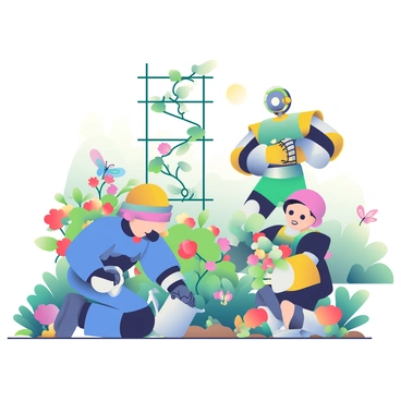 A group of colorful robots are tending to a lush garden filled with vibrant flowers and green foliage. One robot, painted bright blue, is kneeling and carefully watering the plants with a silver watering can. Another robot, designed with a cheerful yellow body, is pruning a rose bush, delicately snipping away dead leaves. In the background, a tall robot with green accents is using its mechanical arms to support climbing vines on a trellis. Butterflies with multicolored wings are fluttering among the blossoms, adding to the playful atmosphere of the scene. The sun shines down, casting soft shadows across the garden beds.