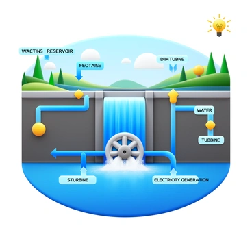 An infographic depicting the process of generating hydropower. The image includes a large dam with water flowing over it, creating a waterfall effect. Below the dam, there is a water turbine being driven by the rushing water. The infographic features arrows illustrating the flow of water from the reservoir to the turbine. There are labeled sections that explain each step, including "Water Reservoir," "Dam," "Turbine," and "Electricity Generation." The background includes a river and surrounding landscape with trees and hills. In the corner, there is a small icon of a light bulb symbolizing electricity.