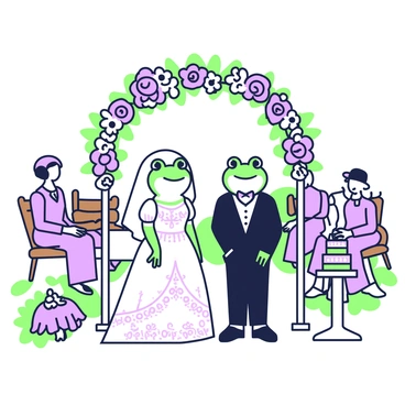 A Victorian wedding scene takes place outdoors under a floral arch. A frog bride is wearing an ornate white gown with lace detailing, complete with a delicate veil. The frog groom stands beside her, dressed in a miniature black suit with a bow tie. The floral arch is adorned with various flowers, creating a vibrant backdrop. Guests in the background are seated on wooden benches, dressed in Victorian attire, while soft colors of the flowers create a harmonious setting. The atmosphere reflects a joyful celebration, with a small table set nearby holding a cake decorated with intricate designs.