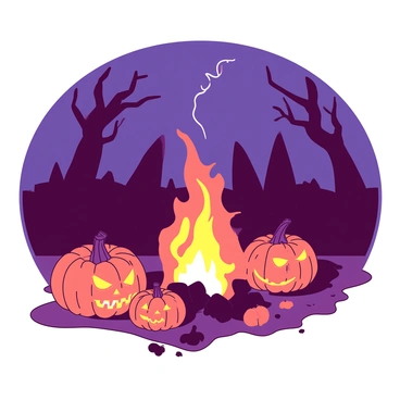 A duotone illustration features a deep orange bonfire crackling brightly in the center. Surrounding the bonfire are several carved pumpkins, each with distinctive and menacing facial expressions. The pumpkins are lit from within, casting an eerie yellow glow that contrasts with the dark night. In the background, shadowy silhouettes of twisted trees loom against the night sky, enhancing the spooky atmosphere of the scene. Wisps of smoke rise from the bonfire, curling into the air as the night unfolds.