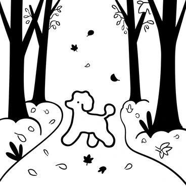 A poodle walking through an autumn forest with leaves falling around