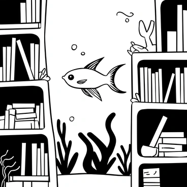 A betta fish with flowing fins swimming gracefully among rows of bookshelves made of coral. The bookshelves are filled with various books, some open, showing pages fluttering in the water. Soft light beams penetrate from above, illuminating the fish and the surrounding books. Various underwater plants gently sway around the shelves, creating a serene atmosphere. There are bubbles rising from the fish as it moves through the scene.