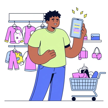 A customer standing in a retail store, holding a smartphone in their right hand. The phone screen displays a bright message saying "Special Offer Just for You!" with colorful graphics. The customer is casually dressed, wearing a light green t-shirt and jeans. Surrounding them are various products on shelves, including clothing and accessories. The customer has a surprised expression, looking at the phone, with a shopping basket beside them filled with items.