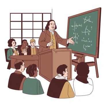 A duotone illustration featuring "Benjamin Franklin" standing at a wooden lectern while giving a scientific lecture. He is wearing a brown coat and holding a piece of chalk, gesturing towards a blackboard filled with diagrams and equations. His face shows enthusiasm as he addresses the audience. The backdrop showcases a large window letting in soft light. The audience consists of diverse individuals, including men and women, all dressed in 18th-century attire, looking intently at Franklin with expressions of curiosity and engagement.