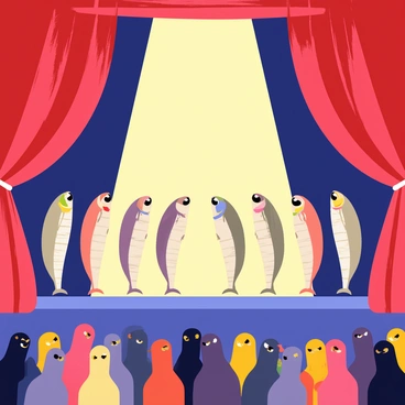 A grand opera scene featuring sardines as the performers. The sardines are arranged in a semicircle, each one adorned with tiny colorful costumes. They are singing passionately under a bright spotlight, which casts a warm glow on their scales. In the background, there are ornate velvet curtains, rich in red hues, framing the stage. The audience, consisting of various sea creatures, is visible in the foreground, captivated by the performance.