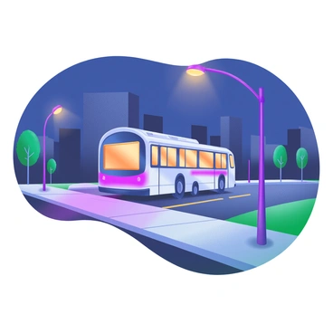 A bus moving through a quiet city at night. The bus is illuminated by streetlights, which cast a warm glow onto its windows, creating reflections of the surrounding buildings and trees. The road is empty, with gentle shadows playing across the pavement, and the sky is a deep navy blue, suggesting a serene nighttime atmosphere. Streetlights line the sidewalk, their soft light contrasting with the darkness of the night.