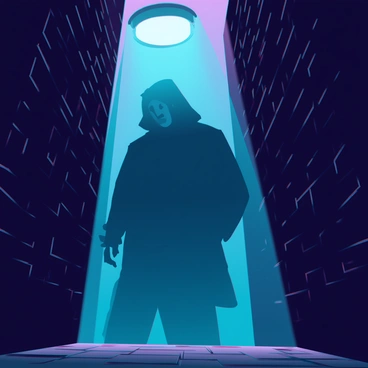 A shadowy figure lurking in the alley under a flickering streetlamp