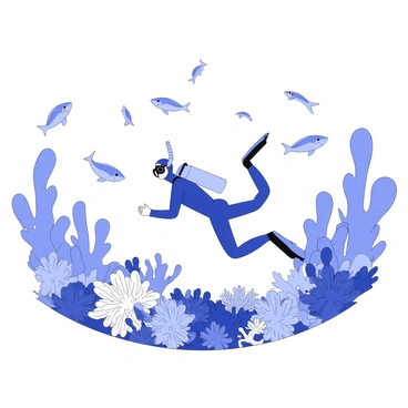 A marine biologist is diving underwater, surrounded by a school of fish swimming gracefully. The biologist wears a wet suit and a diving mask, with a tank secured on the back. The fish display various shapes and sizes, darting around the biologist. The coral reef is rich in texture, featuring numerous formations and structures. Some coral has branching shapes while others are more rounded. The scene captures the dynamic interaction between the biologist and the marine life, emphasizing the intricate details of the coral and the movement of the fish.