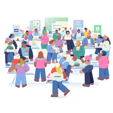 A large conference hall is filled with numerous attendees engaged in discussions about "Ethereum." Groups of people with diverse appearances are scattered throughout the space, some standing and others seated at tables. They are dressed in business casual attire, including blazers and tech-themed T-shirts. Surrounding the attendees are various "banners" displaying promotional information and graphics related to Ethereum and blockchain technology. In the background, several high-tech displays showcase interactive presentations and gadgets. The atmosphere is vibrant and dynamic, with people exchanging ideas and networking among the displays and banners.