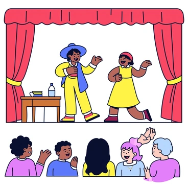 A lively theater stage with bright red curtains drawn back to reveal the scene. In the center, two actors are dressed in colorful costumes, one wearing a large blue hat and the other a bright yellow dress. They are mid-action, with wide smiles on their faces, showcasing animated body language as they engage with the audience. Surrounding them are props like a wooden table and a chair, adding to the scene's dynamic energy. The audience can be seen in the foreground, with a few individuals laughing and clapping, adding to the lively atmosphere.