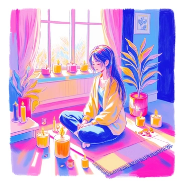 A person is sitting cross-legged on a soft mat in a peaceful room. The individual has long hair tied back and is wearing comfortable, loose-fitting clothing. Around them, many candles of various heights and sizes are placed, casting soft light that creates warm, flickering shadows. The walls of the room are adorned with serene decorations, and there are small potted plants on a nearby table. A gentle aroma can be sensed from the candles, enhancing the tranquil atmosphere.