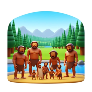 A family of ancient hominids gathered together in a prehistoric landscape. The scene features several hominids, showcasing diverse physical characteristics with robust frames and strong limbs. They are dressed in basic clothing made from animal hides. In the background, a vast expanse of lush greenery and towering trees stretches across the landscape, with distant mountains rising under a clear blue sky. Nearby, a river flows gently, reflecting the sunlight. The hominids are engaged in various activities such as foraging for food and tending to small children, highlighting a sense of community and survival.
