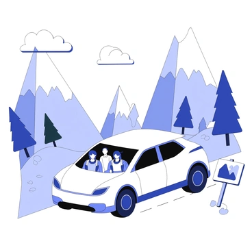 A family is inside a hydrogen-powered vehicle traveling through a mountainous landscape. The vehicle has a sleek design with a smooth, aerodynamic shape and large windows revealing the interior. Inside, the family consists of four members, including two adults in the front seats and two children in the back, all wearing seatbelts. Outside the vehicle, tall mountains rise dramatically, with jagged peaks and rocky surfaces. Lush green trees are scattered along the winding road, while fluffy clouds float in the sky above. A road sign indicating a scenic viewpoint is positioned nearby, guiding the family on their journey. The sunlight casts soft shadows on the terrain, creating a vibrant and inviting atmosphere.