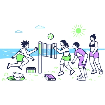 A group of friends is playing beach volleyball on a sandy shore. There are four anime-style characters in vibrant clothing, two on each side of the net. The character on the left has spiky hair and is jumping to spike the ball, while another character is poised to receive the ball with a focused expression. The other two characters on the right, one with a ponytail and the other with sunglasses, are ready to react. In the background, the ocean is visible with gentle waves, and the sun is shining brightly in the clear sky. A few beach towels and a cooler are placed on the sand nearby.